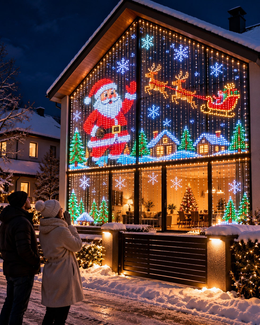 Kurtyna LED GlowLux na fasadzie domu – Mikołaj i renifery