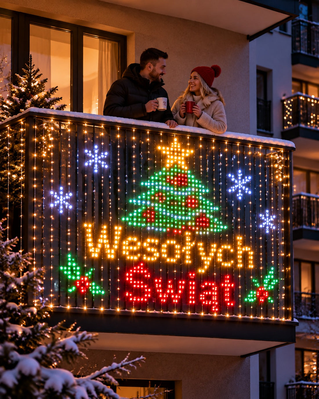 Kurtyna LED GlowLux na balkonie – napis Wesołych Świąt
