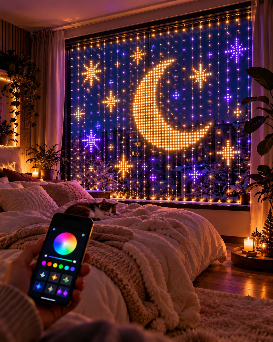Kurtyna LED GlowLux w sypialni – księżyc i gwiazdy
