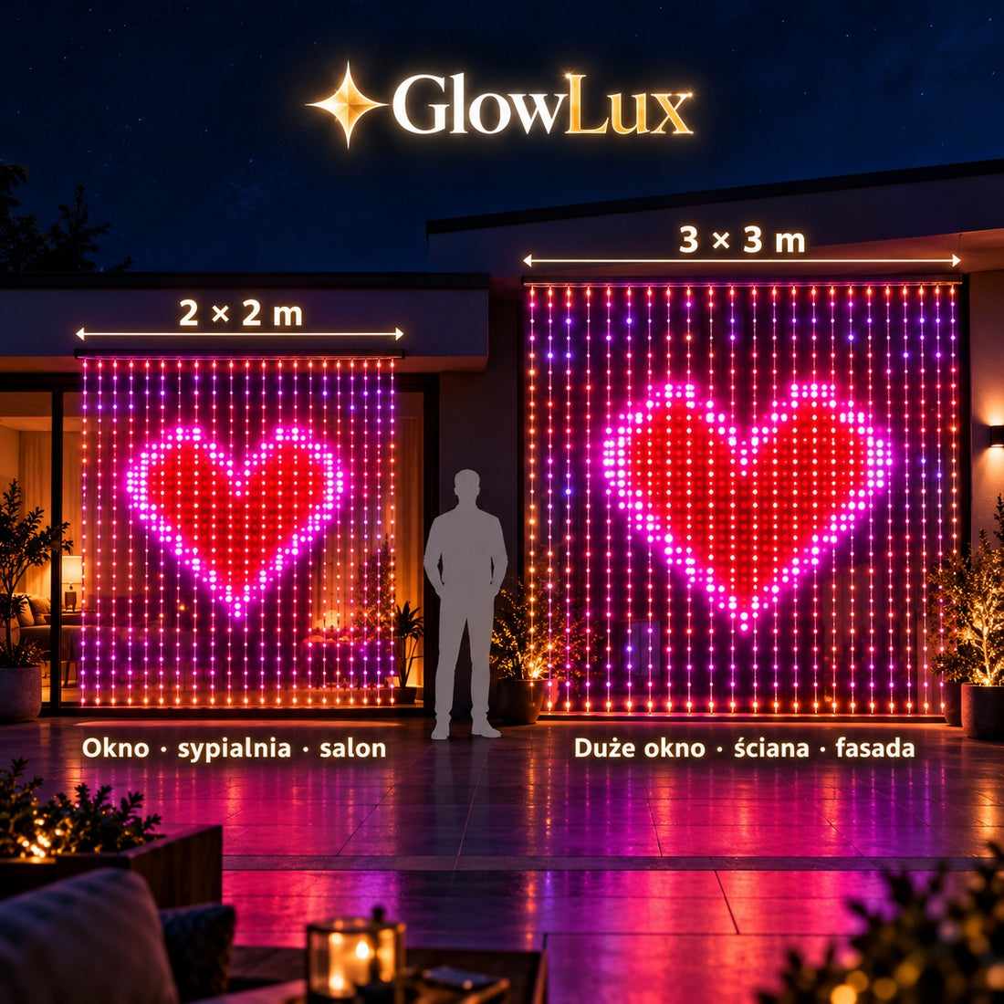 Rozmiary kurtyny LED GlowLux: 2 × 2 m i 3 × 3 m