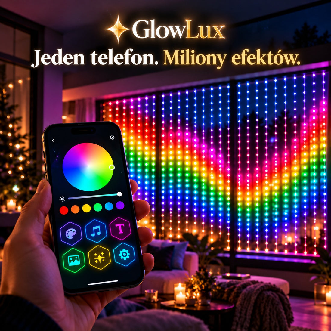 Sterowanie kurtyną LED GlowLux z aplikacji w telefonie